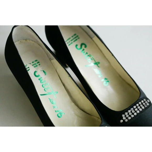 Vintage Hand Made Back Satin Rhinestone  Slip on Heels 6.5 - Picture 3 of 8